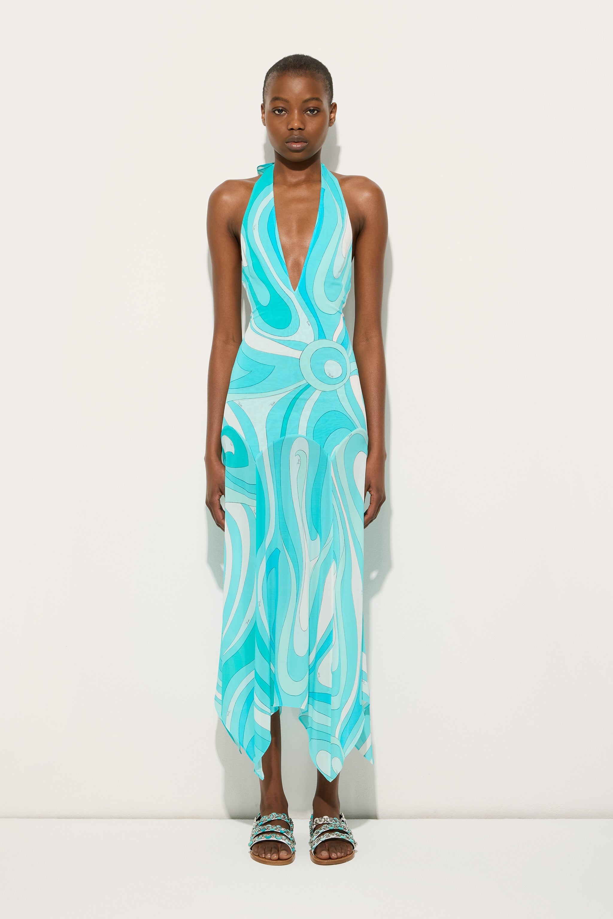 Marmo Print V-neck Dress with Asymmetrical Hem
 WOMAN Pucci